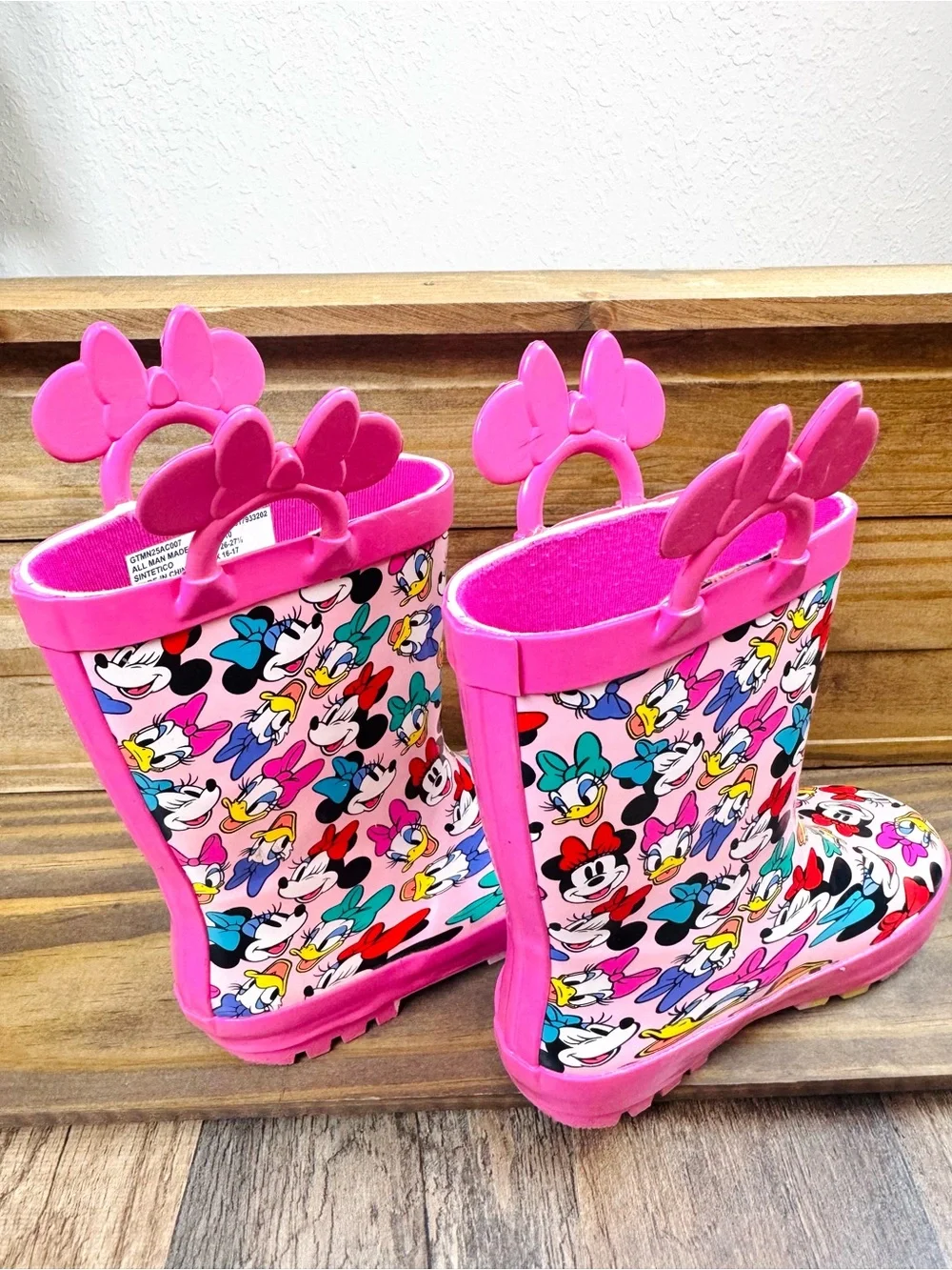 Disney Pink Minnie Mouse Kids Rain Boots with Bow Handle Kids 9-10